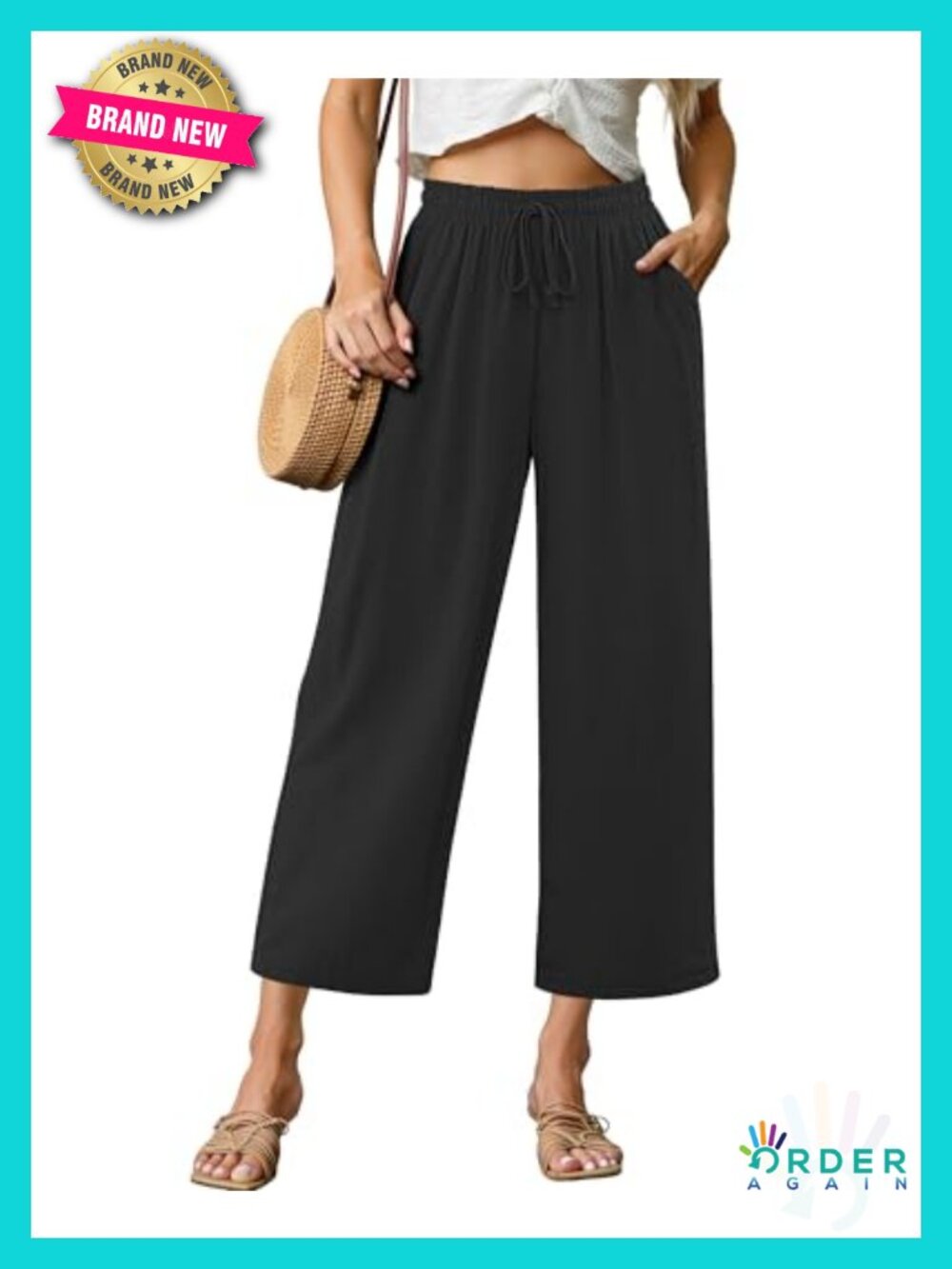 High Waisted Wide Leg Capri Linen Blend Elastic Waist Casual Flowy Summer